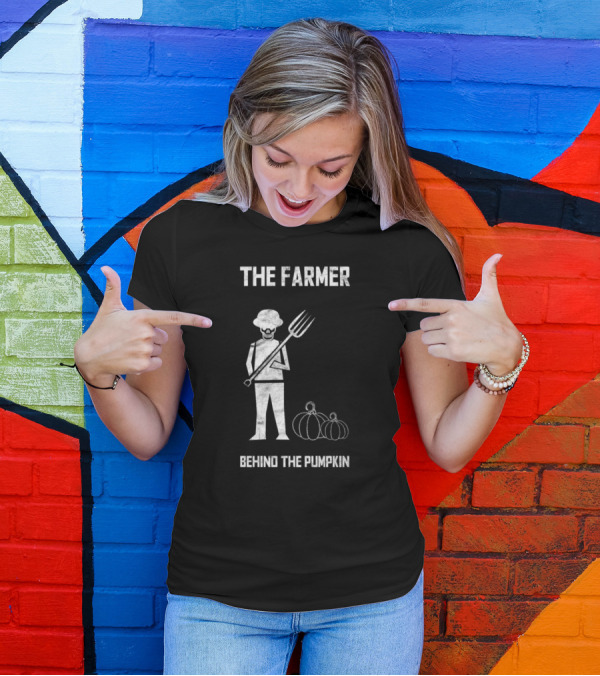 The Farmer Behind The Pumpkin With Pitchfork And Harvest Scene T-Shirt
