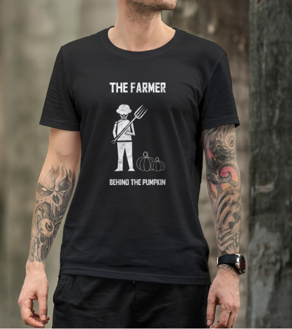 The Farmer Behind The Pumpkin With Pitchfork And Harvest Scene T-Shirt