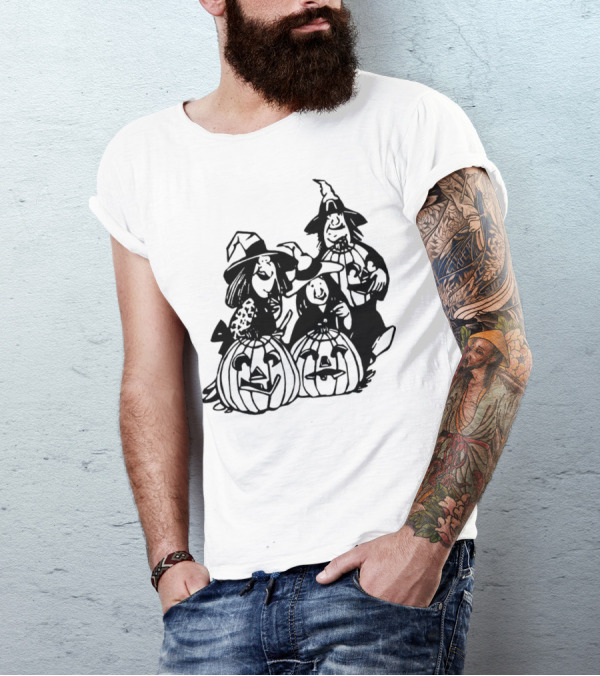 Halloween Witches And Pumpkins Trio In Witch Hats With Jack-O'-Lanterns T-Shirt