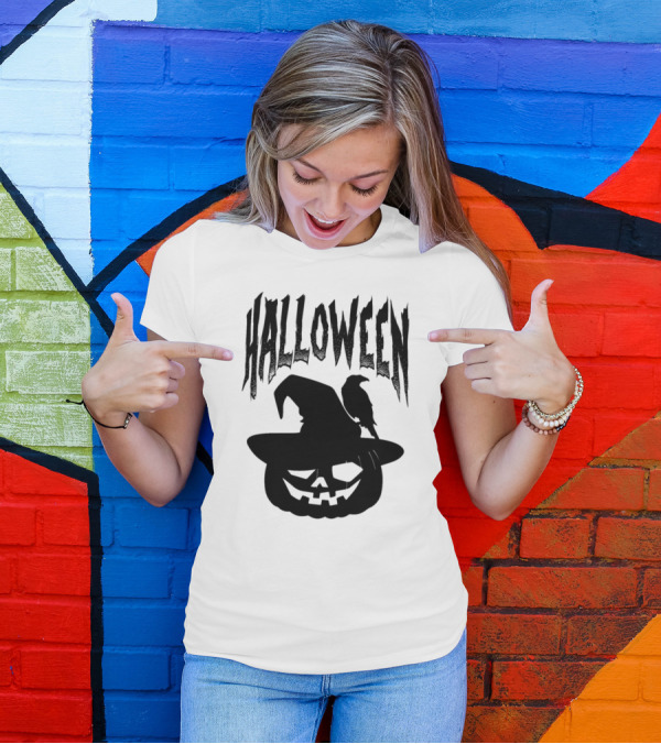 Halloween Pumpkin With Witch Hat And Crow T-Shirt