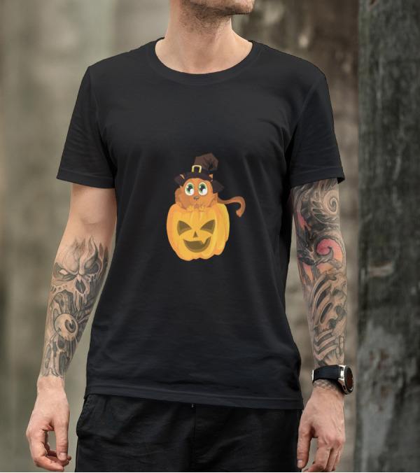 Halloween Cat With Witch Hat Inside Jack-O'-Lantern Pumpkin T-Shirt
