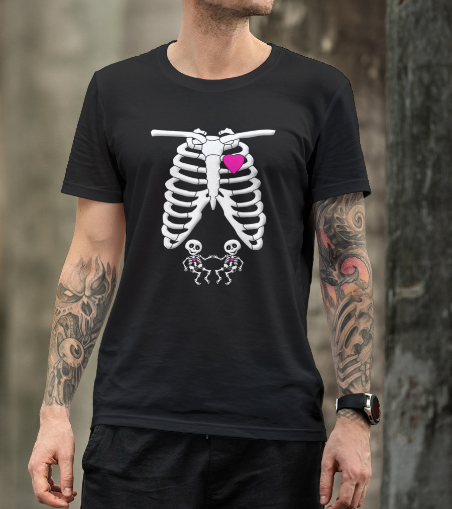 Skeleton Mom With Heart And Twins Baby X-Ray T-Shirt
