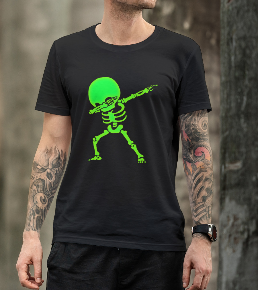 Dabbing Neon Glow Big Head Skeleton T-Shirt