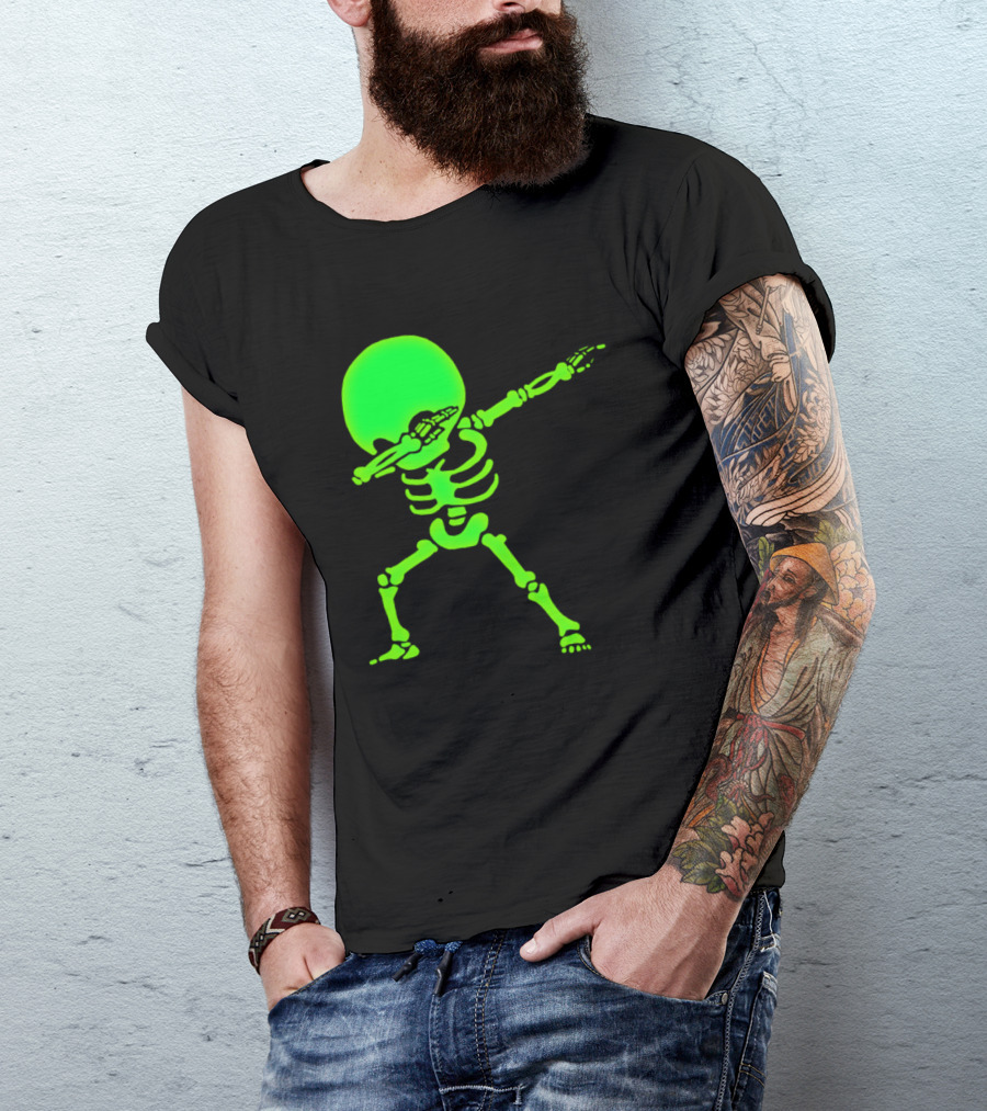 Dabbing Neon Glow Big Head Skeleton T-Shirt