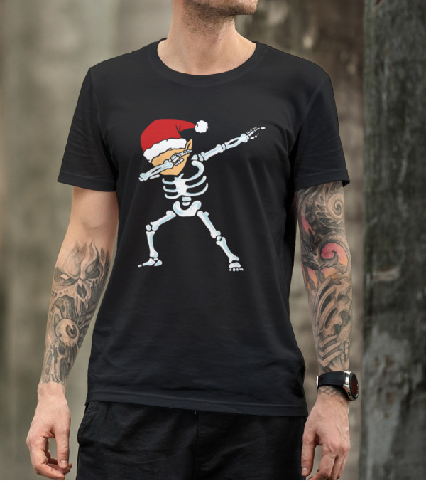 Dabbing Elf Skeleton Santa Hat Holiday Dance Pose T-Shirt