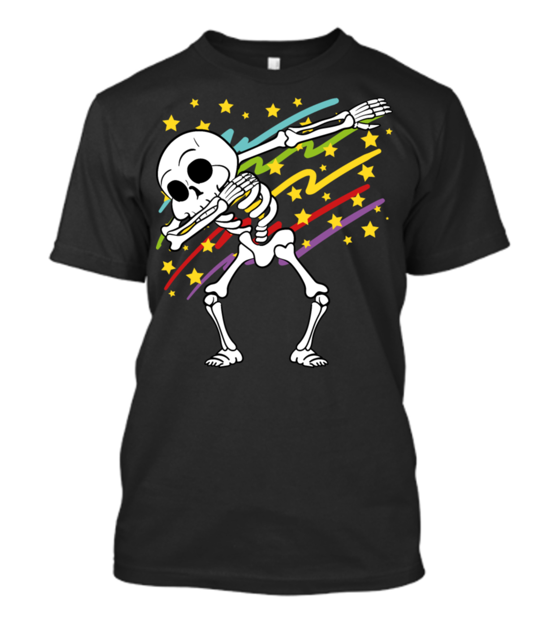 Disco Party Music Dabbing Dab Skeleton With Stars And Colorful Streaks Halloween T-Shirt