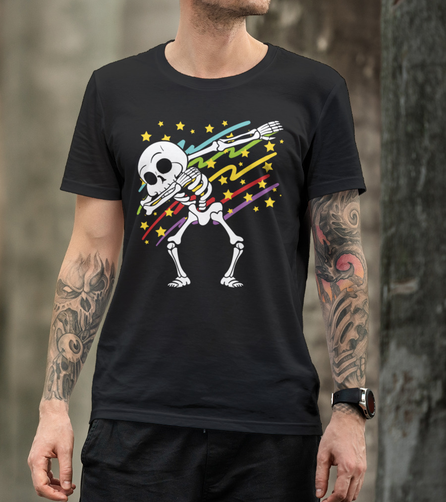 Disco Party Music Dabbing Dab Skeleton With Stars And Colorful Streaks Halloween T-Shirt