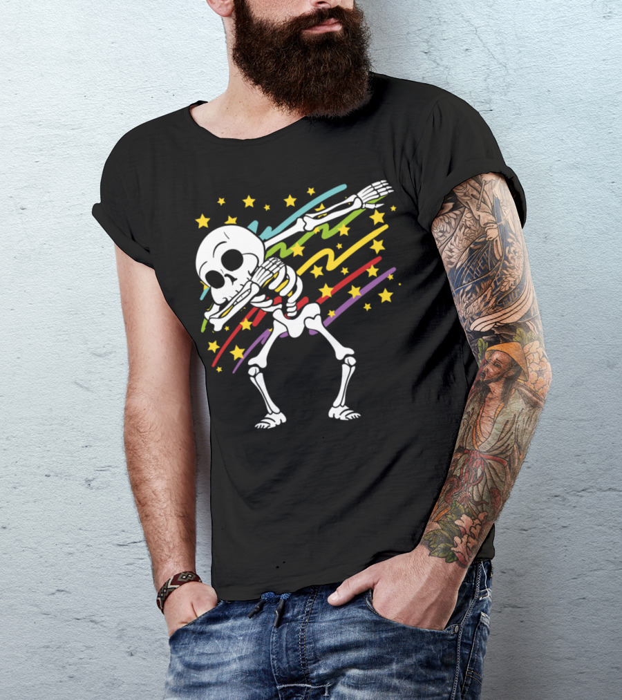 Disco Party Music Dabbing Dab Skeleton With Stars And Colorful Streaks Halloween T-Shirt
