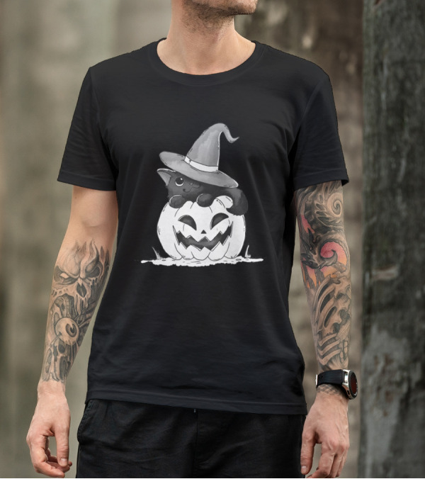 Pumpkin Halloween Black Cat Witch Hat Jack O'Lantern T-Shirt