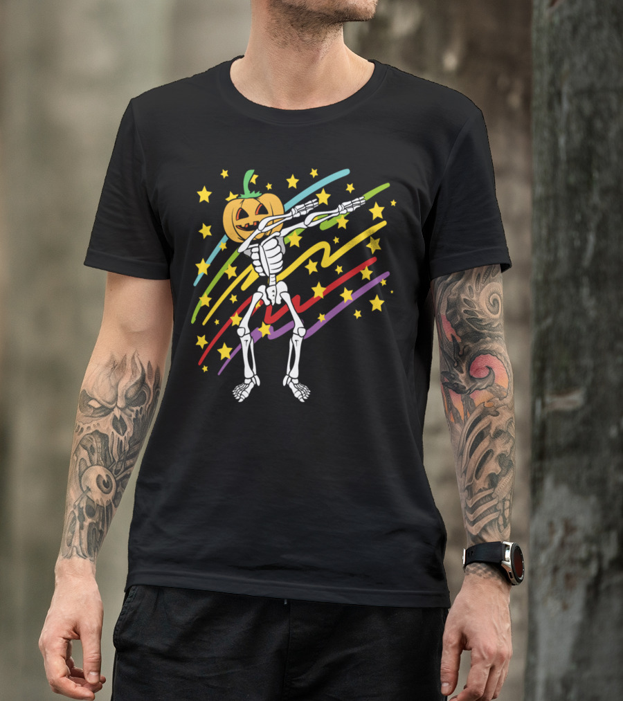 Dabbing Pumpkin Skeleton Halloween Disco Party Music Stars T-Shirt