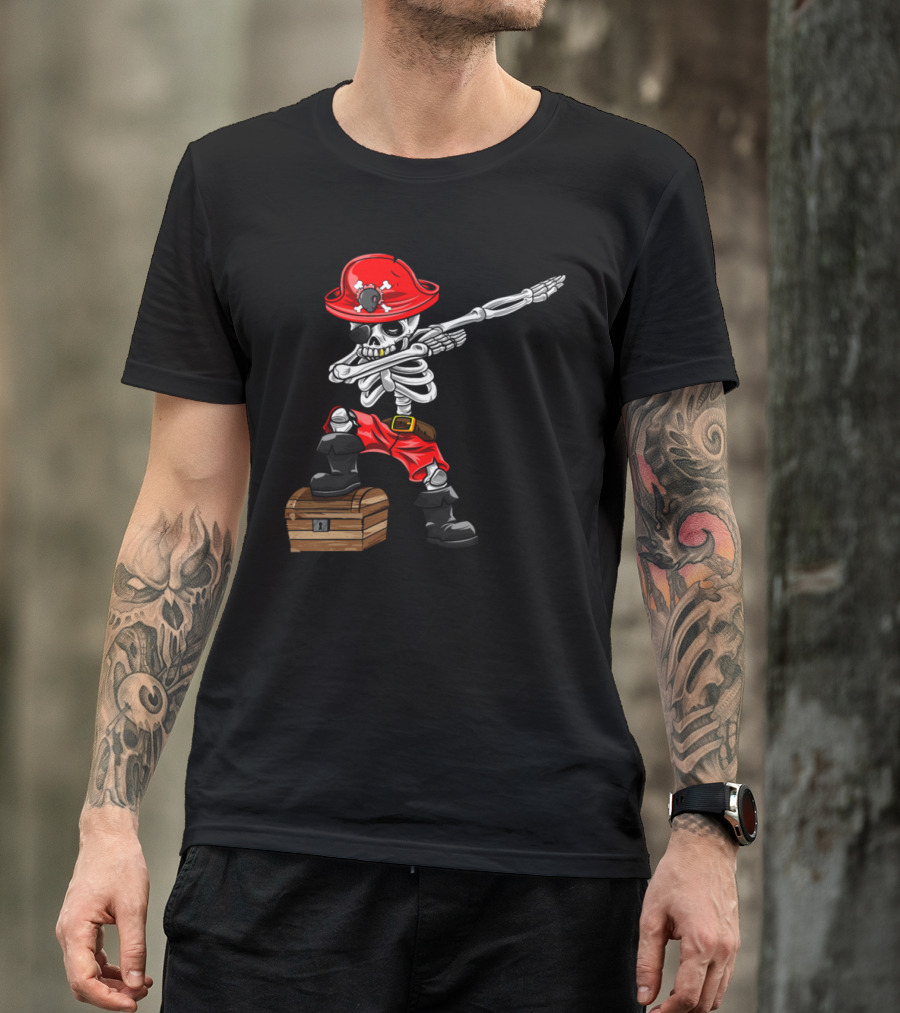 Dabbing Pirate Skeleton Boy With Treasure Chest For Pirate Birthday T-Shirt