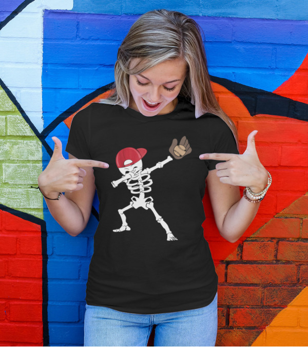 Skeleton Dabbing With Baseball Glove And Cap T-Shirt