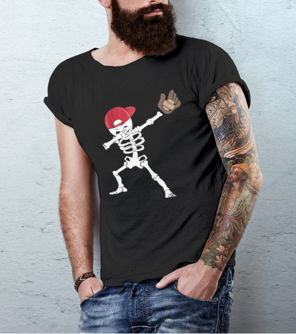 Skeleton Dabbing With Baseball Glove And Cap T-Shirt