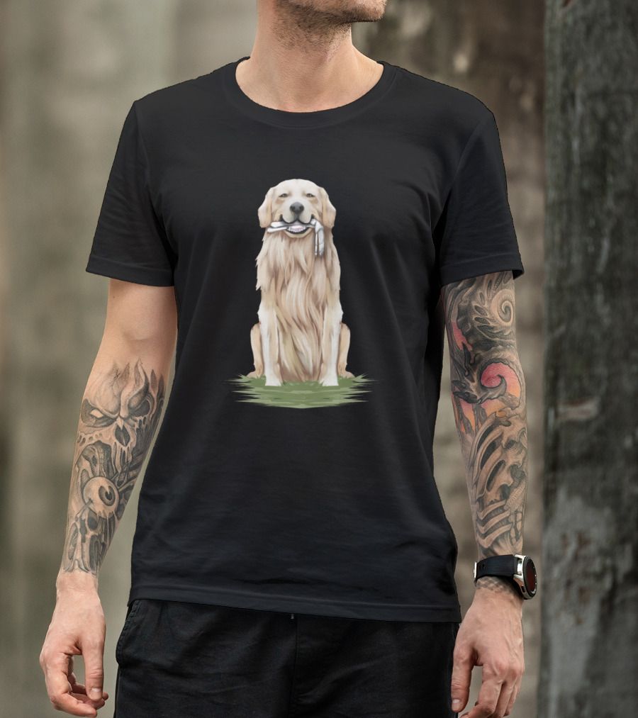 Funny Golden Retriever With Skeleton Hand In Mouth T-Shirt