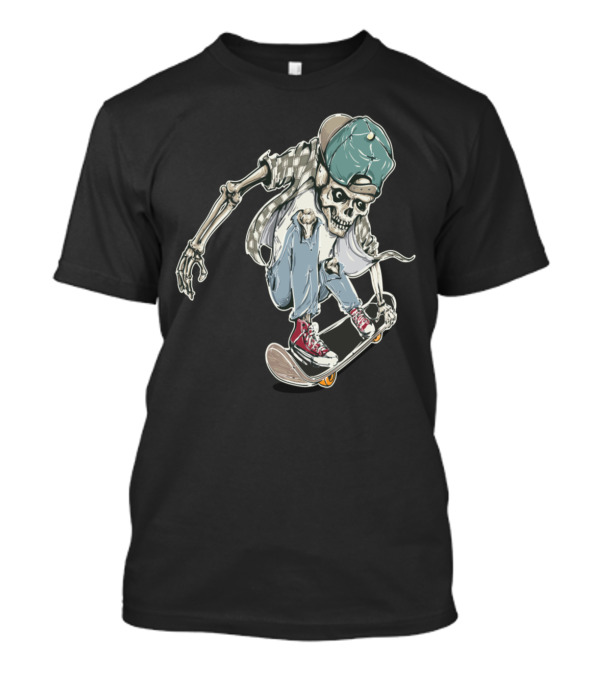 Skelly Skater Skeleton In Cap And Checkered Shirt Performing Skateboard Trick T-Shirt