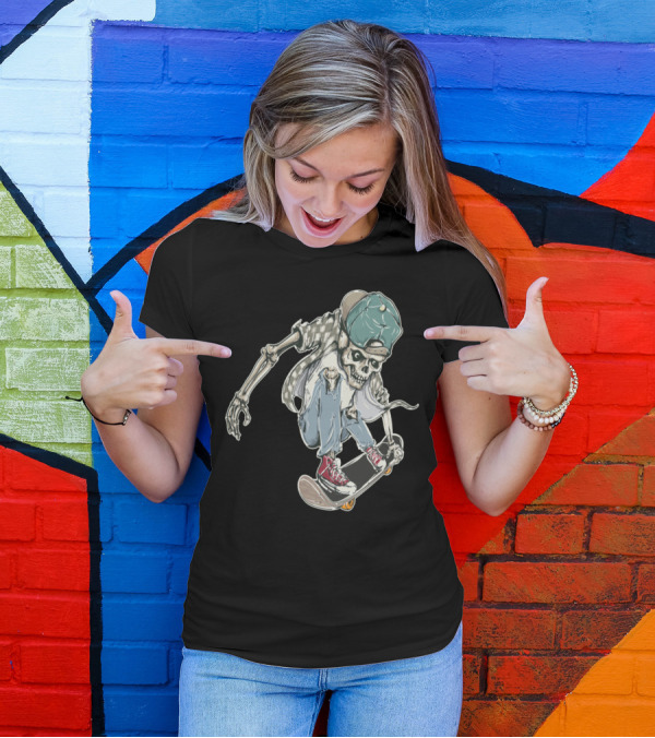 Skelly Skater Skeleton In Cap And Checkered Shirt Performing Skateboard Trick T-Shirt