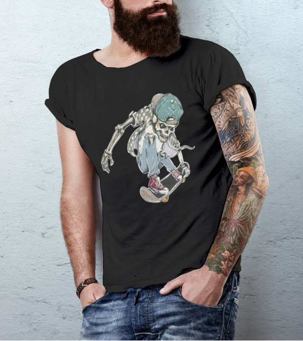 Skelly Skater Skeleton In Cap And Checkered Shirt Performing Skateboard Trick T-Shirt