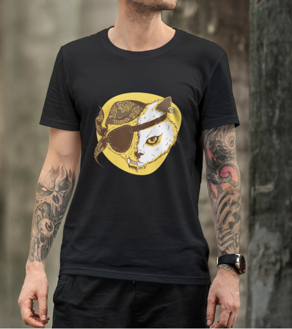 Pirate Cat With Floral Bandana And Eye Patch T-Shirt