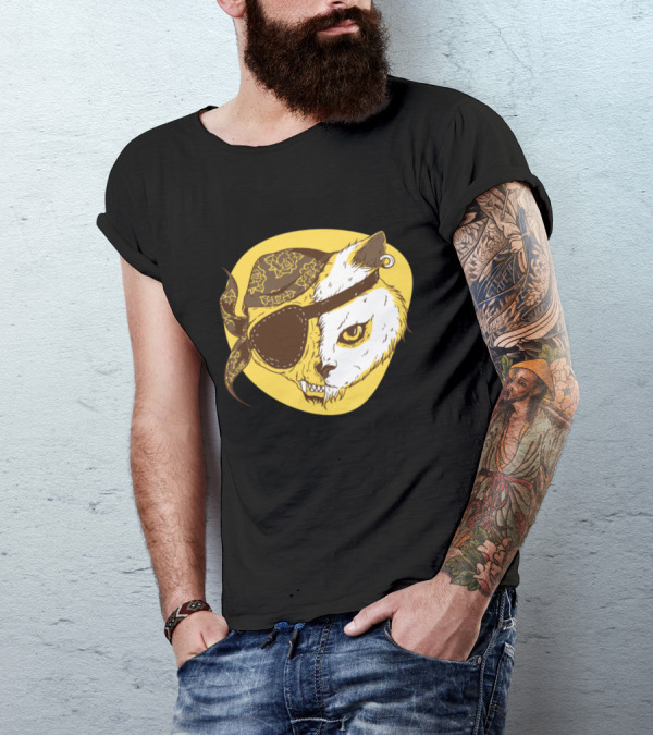 Pirate Cat With Floral Bandana And Eye Patch T-Shirt