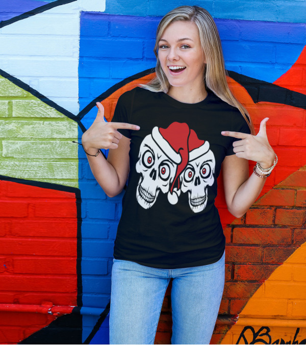 2 Friends Team Couple Skull Christmas Santa Claus Holiday Skulls T-Shirt