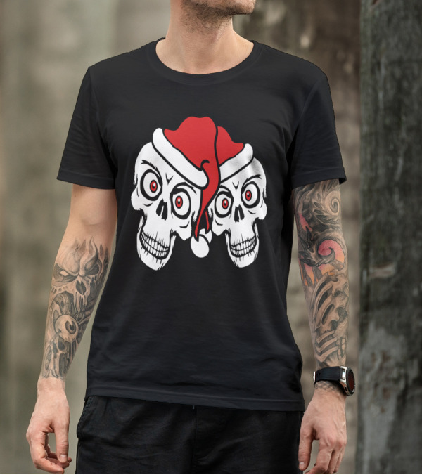 2 Friends Team Couple Skull Christmas Santa Claus Holiday Skulls T-Shirt