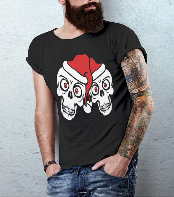 2 Friends Team Couple Skull Christmas Santa Claus Holiday Skulls T-Shirt