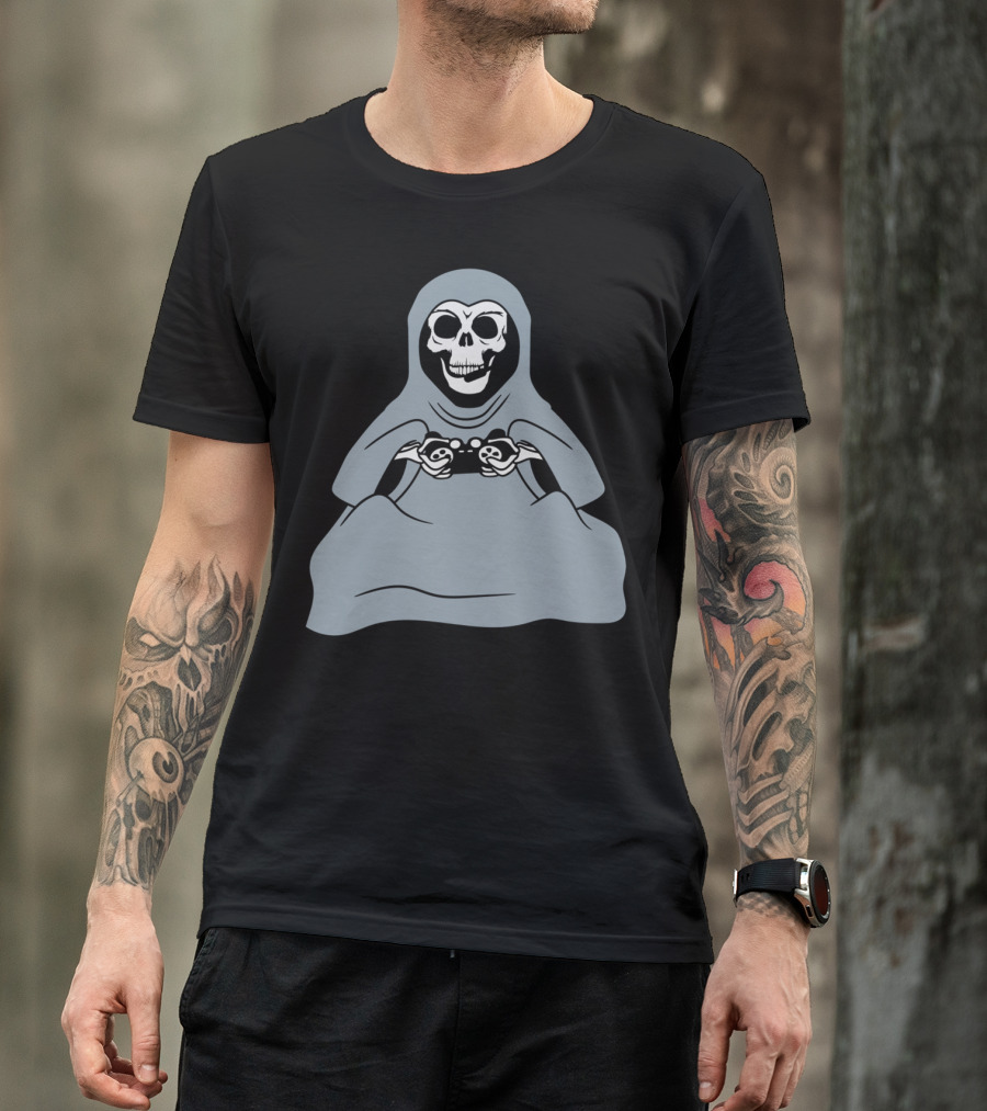 Sitting Grim Reaper Skull Gamer Headset Controller T-Shirt