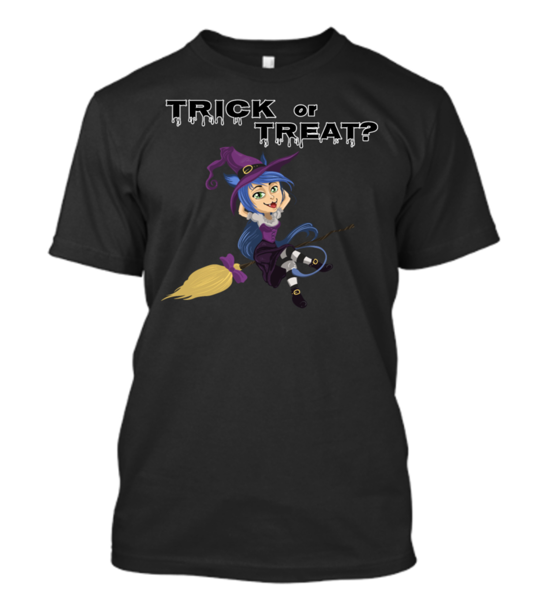 Trick Or Treat Witch On Broomstick With Purple Hat And Blue Hair T-Shirt