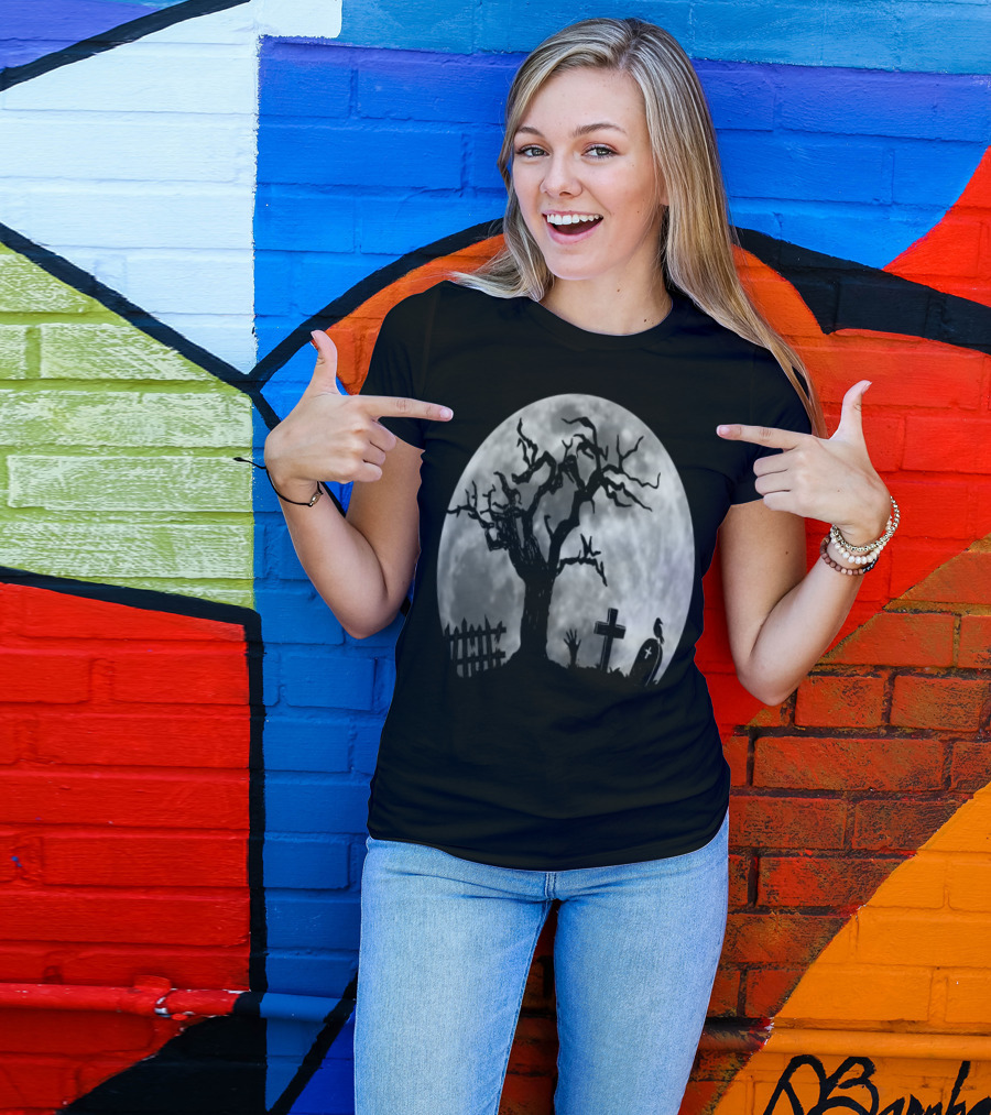 Cool Halloween Graveyard Zombie Hand Creeping Out Under Full Moon With Spooky Tree And Tombstones T-Shirt