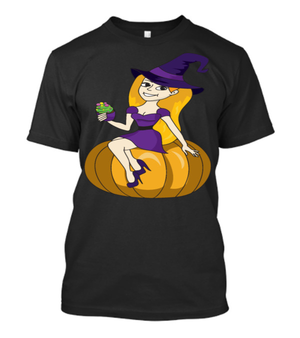 Halloween Cupcake Witch Sitting On Pumpkin T-Shirt