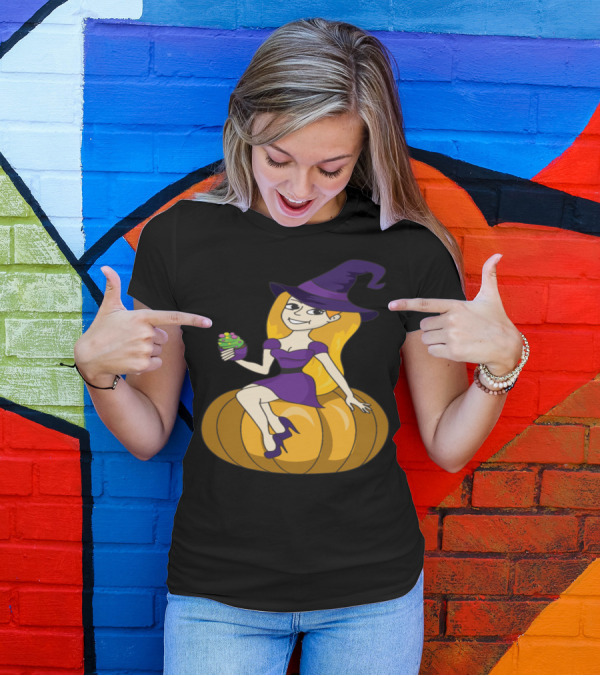Halloween Cupcake Witch Sitting On Pumpkin T-Shirt
