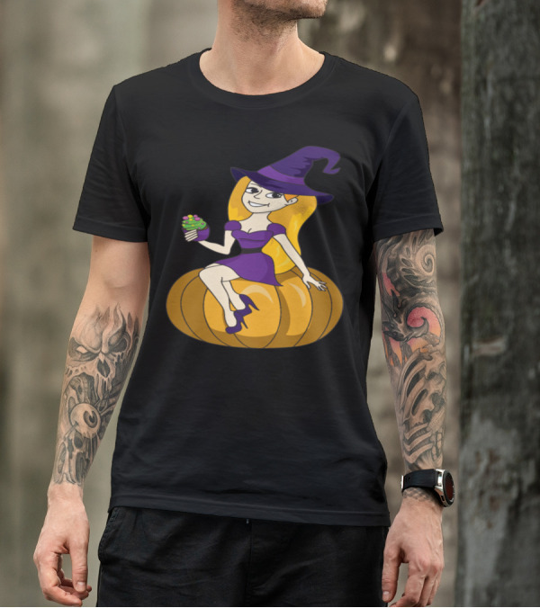 Halloween Cupcake Witch Sitting On Pumpkin T-Shirt