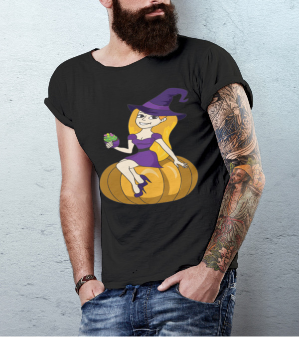 Halloween Cupcake Witch Sitting On Pumpkin T-Shirt