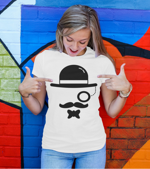 Hipster Bowler Hat Mustache Monocle Bow Tie T-Shirt