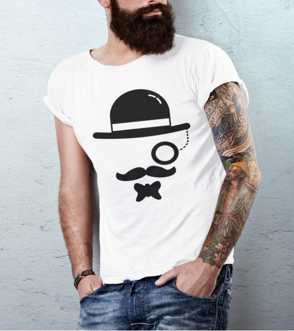 Hipster Bowler Hat Mustache Monocle Bow Tie T-Shirt