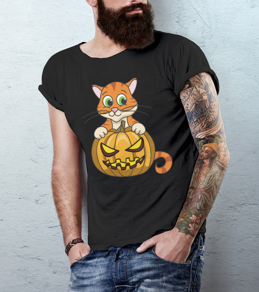 Cat Inside Grinning Pumpkin Halloween Monster Zombie Horror Pumpkin Face T-Shirt