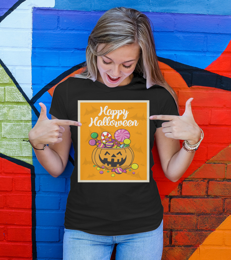 Happy Halloween Pumpkin With Sweets And Candy T-Shirt