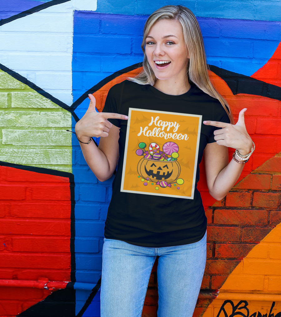 Happy Halloween Pumpkin With Sweets And Candy T-Shirt