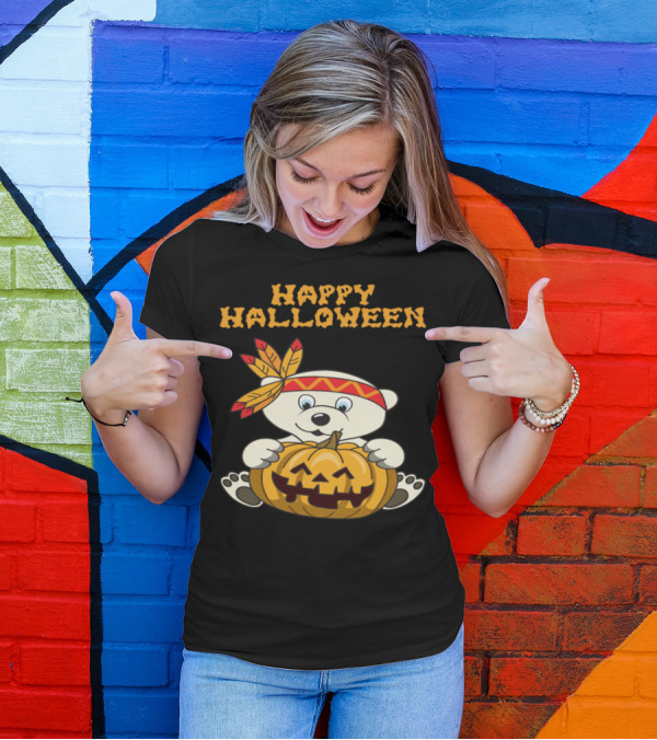 Happy Halloween Polar Bear With Pumpkin And Feathered Headband T-Shirt
