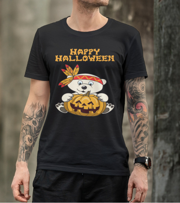 Happy Halloween Polar Bear With Pumpkin And Feathered Headband T-Shirt