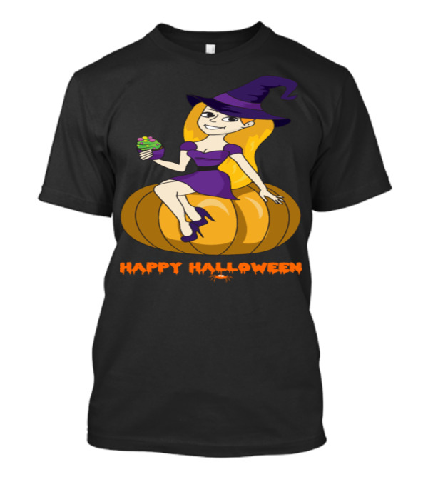Happy Halloween Witch On Pumpkin With Cupcake Monster Zombie Horror T-Shirt