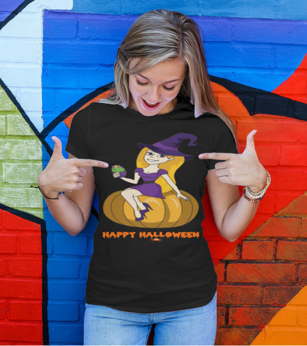 Happy Halloween Witch On Pumpkin With Cupcake Monster Zombie Horror T-Shirt