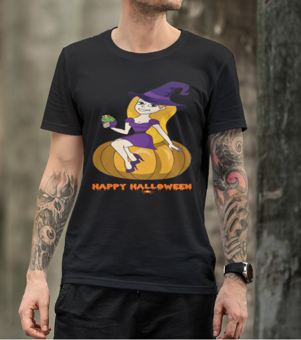 Happy Halloween Witch On Pumpkin With Cupcake Monster Zombie Horror T-Shirt