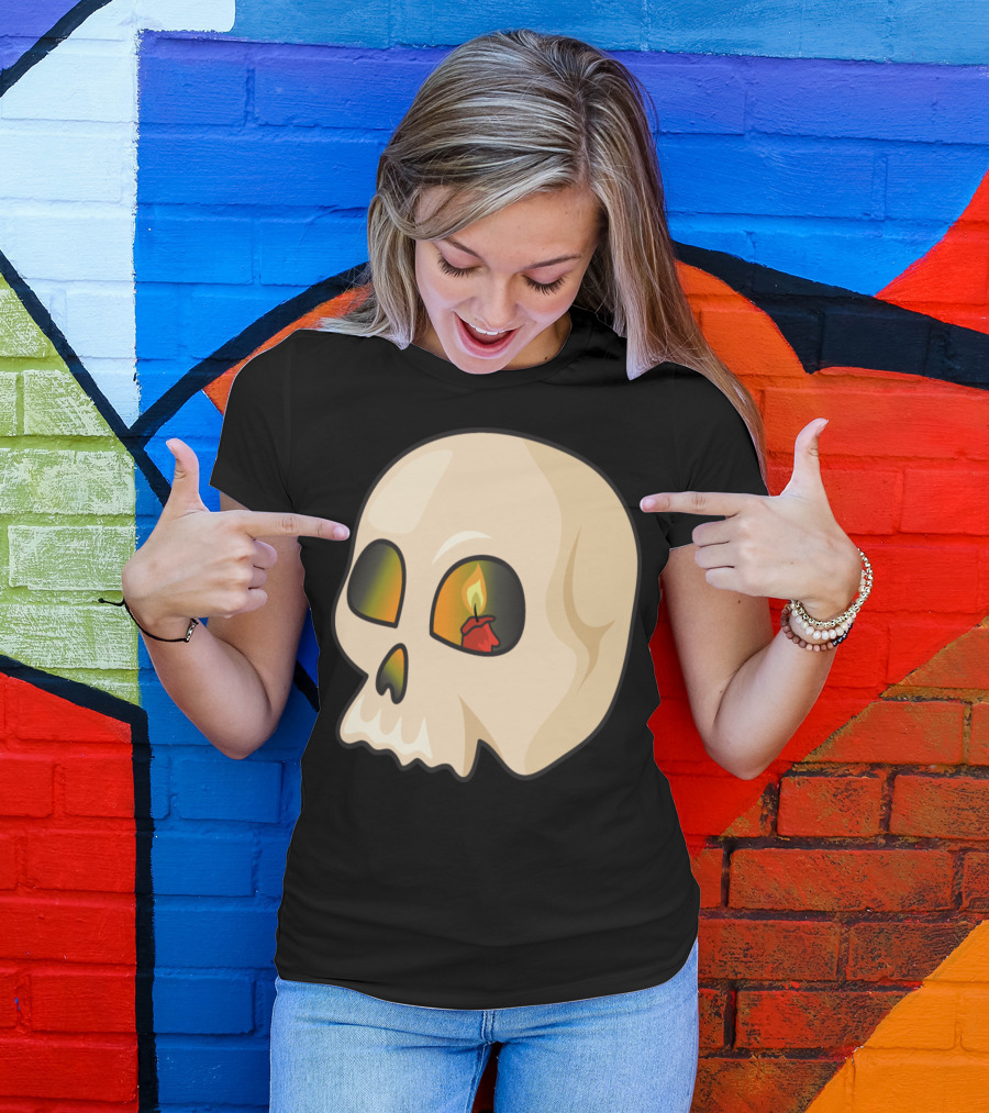 Happy Halloween Skull With Candle Flame Eyes T-Shirt