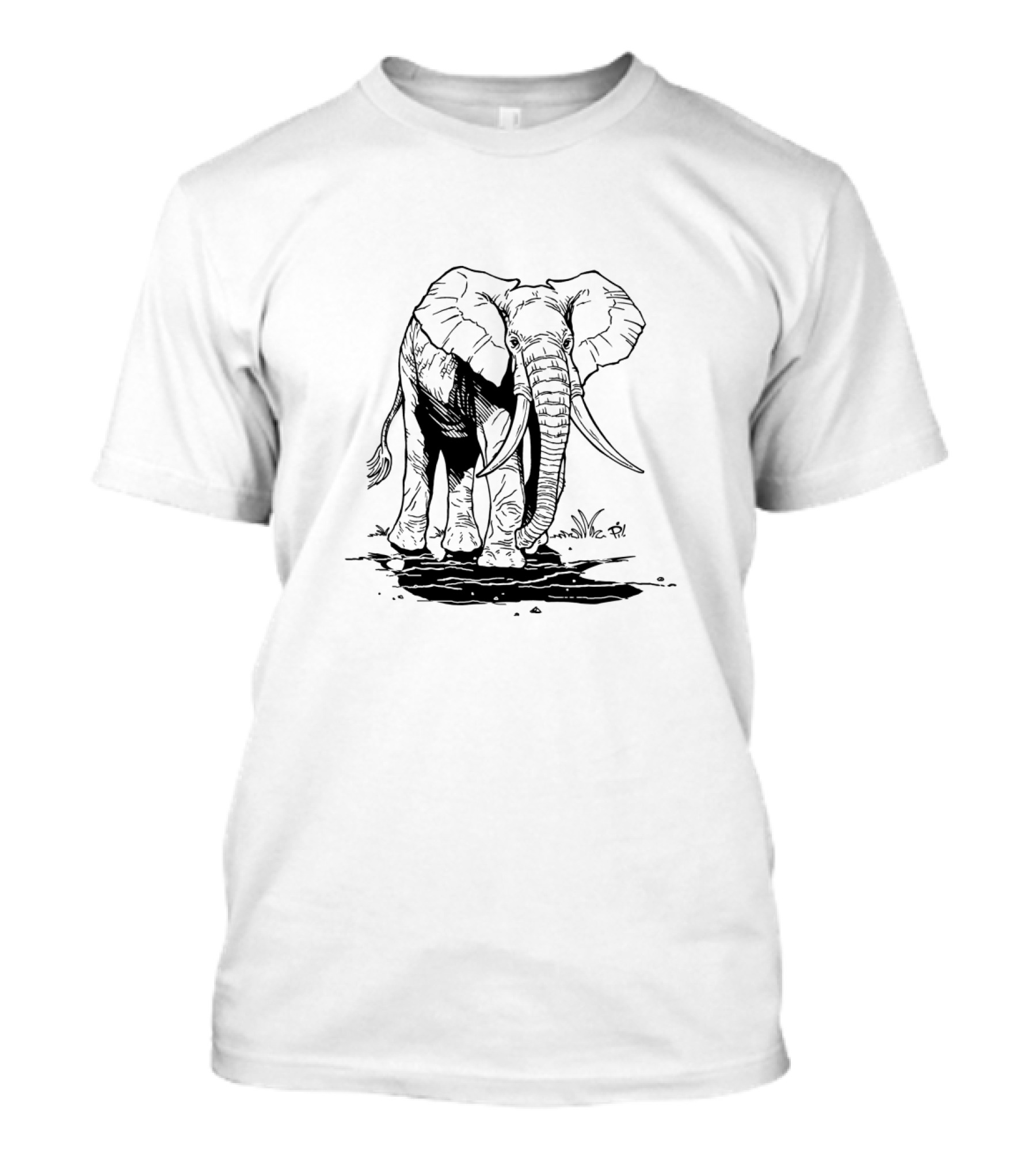 African Elephant Walking Realistic Sketch Style Black Ink Detailed T-Shirt