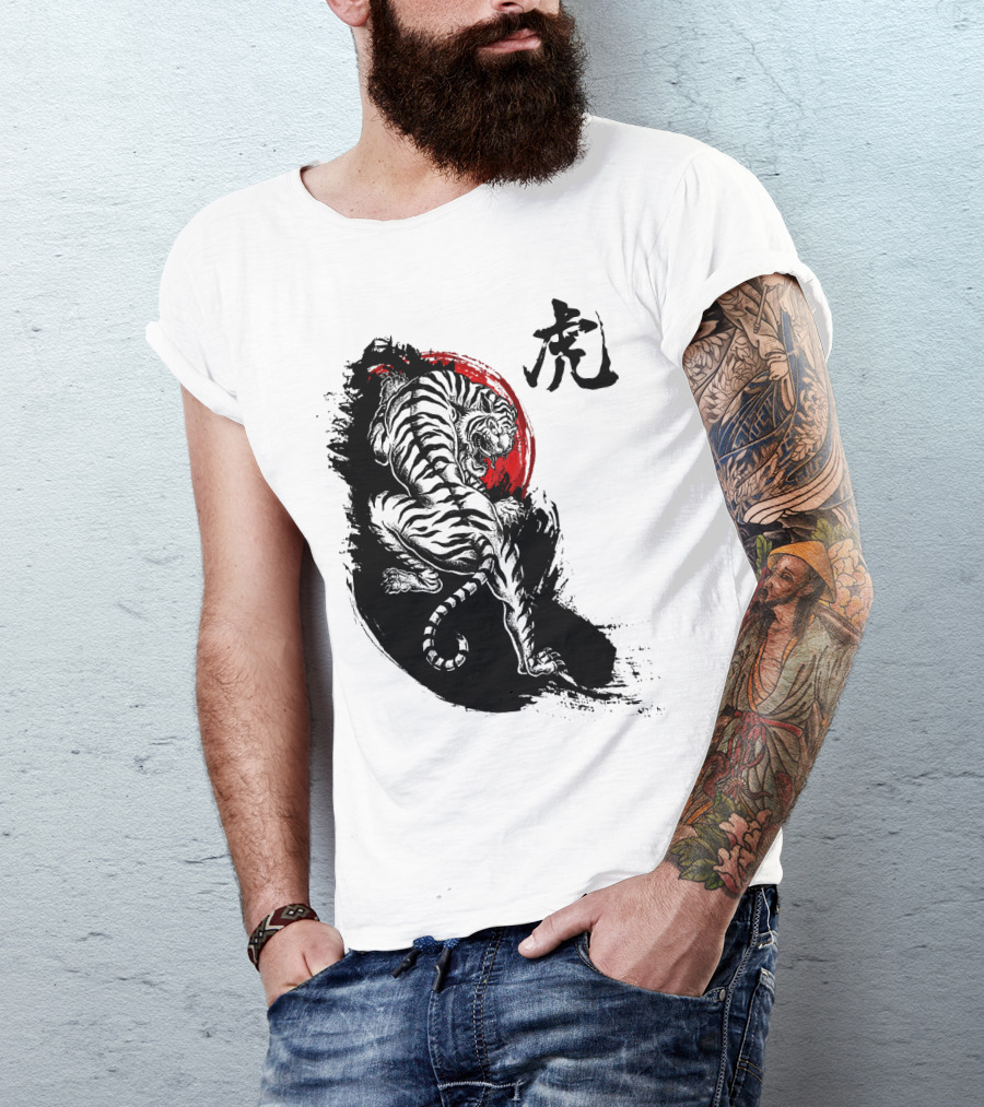 Japanese Tiger Kanji Art Red Sun Contrast T-Shirt