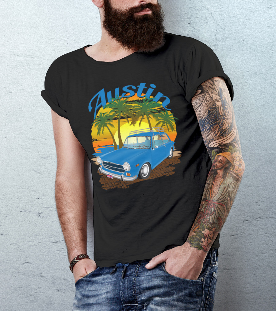 Austin Scenic Sunset Classic Blue Car With Palm Trees And UK Flag T-Shirt