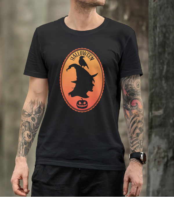 Halloween Silhouette Witch With Crow And Jack-o'-Lantern T-Shirt