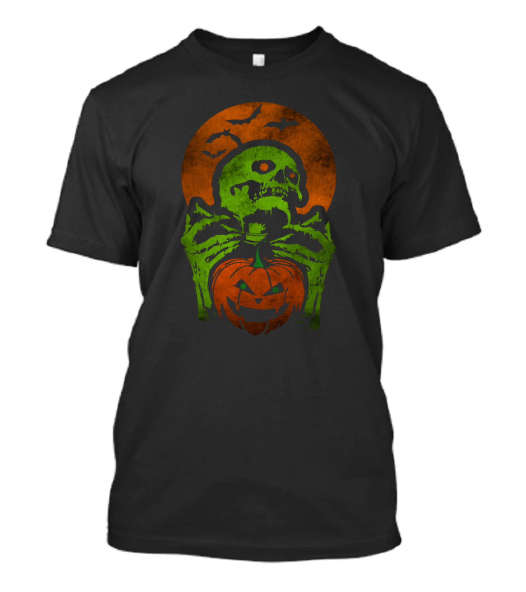 Halloween Skeleton Holding Jack-O'-Lantern With Bats And Full Moon In Background T-Shirt