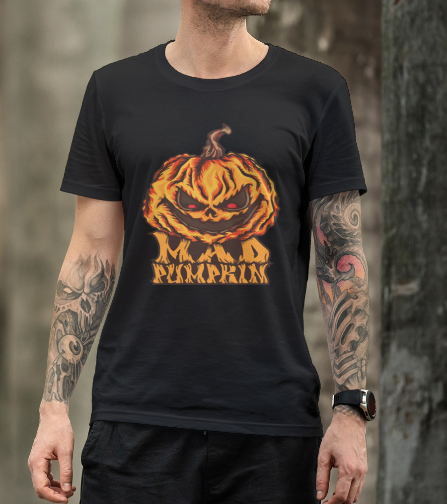 Mad Grinning Halloween Pumpkin With Fiery Eyes And Text T-Shirt